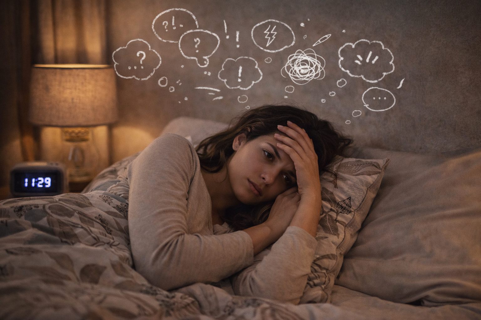 Žena v posteli večer, unavená, ale s hlavou plnou myšlienok – téma stres a nespavosť